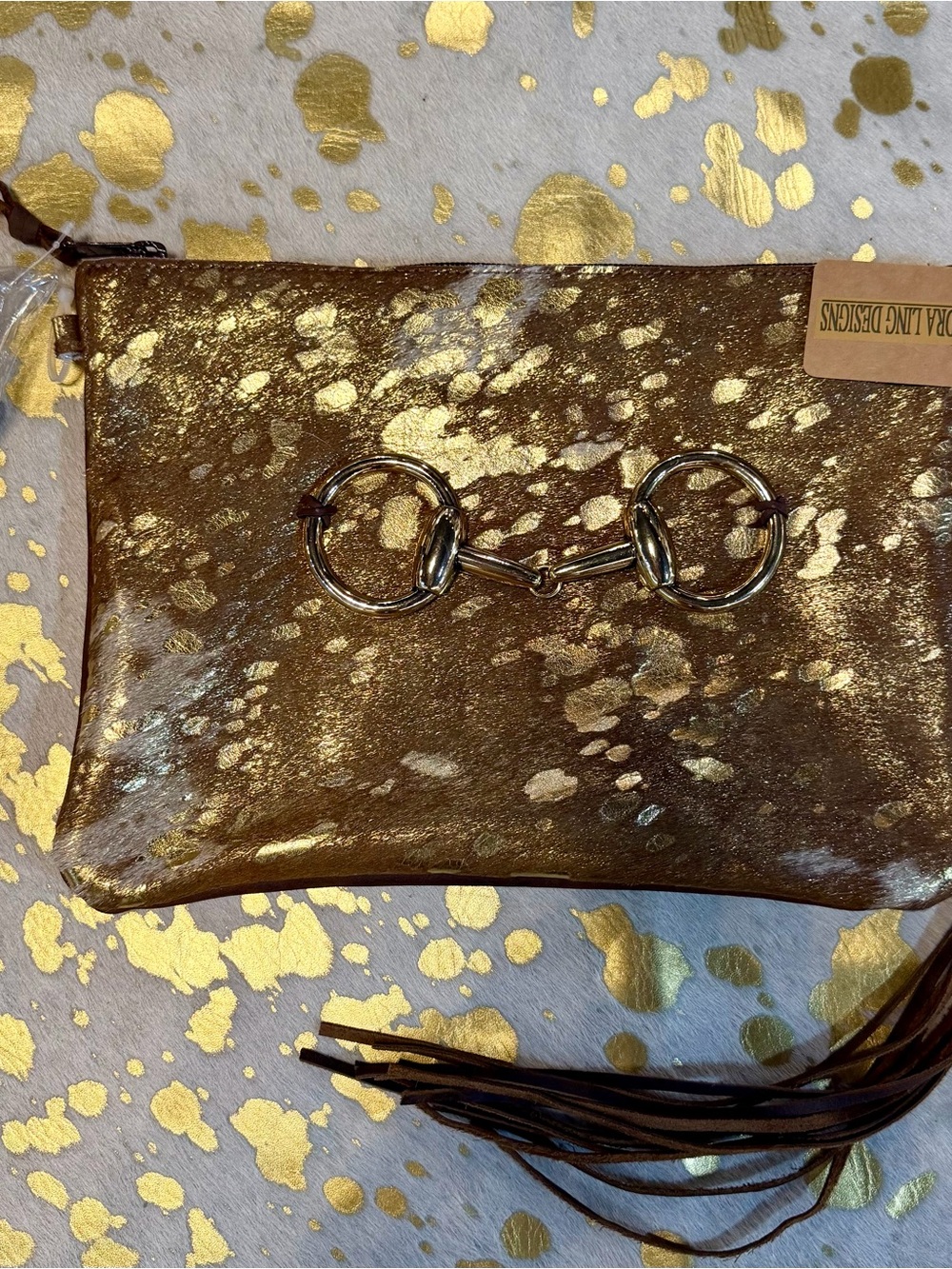 Genuine Hair on Hide Brown w/Gold Acid Wash Crossbody w/Snaffle Bit Accent